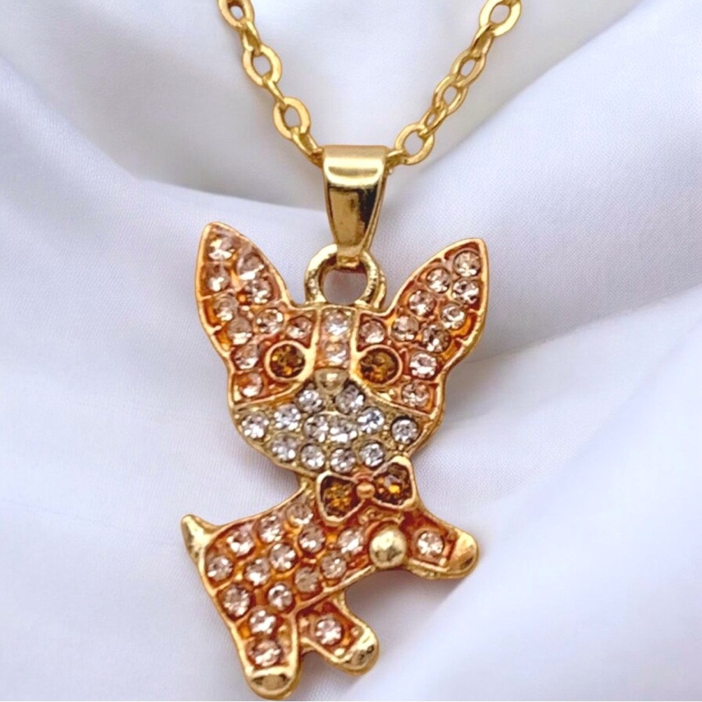 Chihuahua Dog Rose Gold & Gold Plated Necklace Pendant Brown Crystal Necklace - Picture 2 of 2
